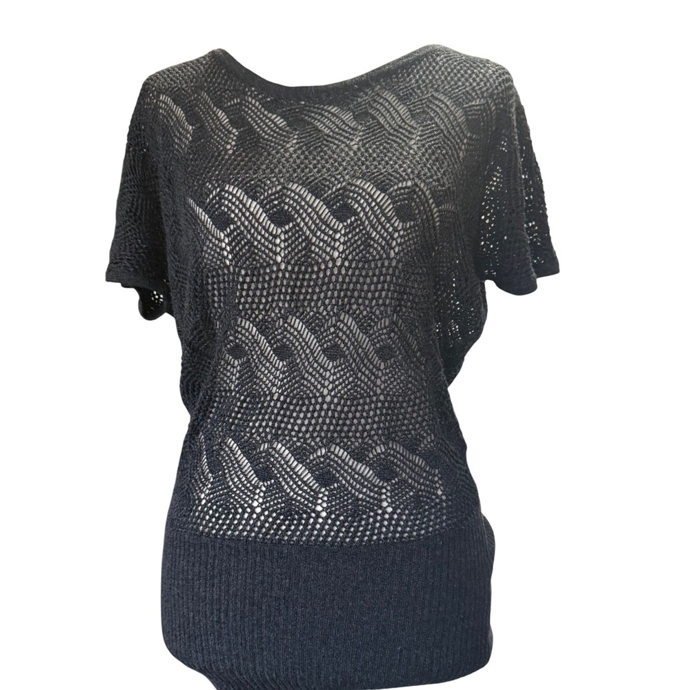 Cache Crochet Top Women S Black Excellent Metallic Open Knit Shimmer Short Slv